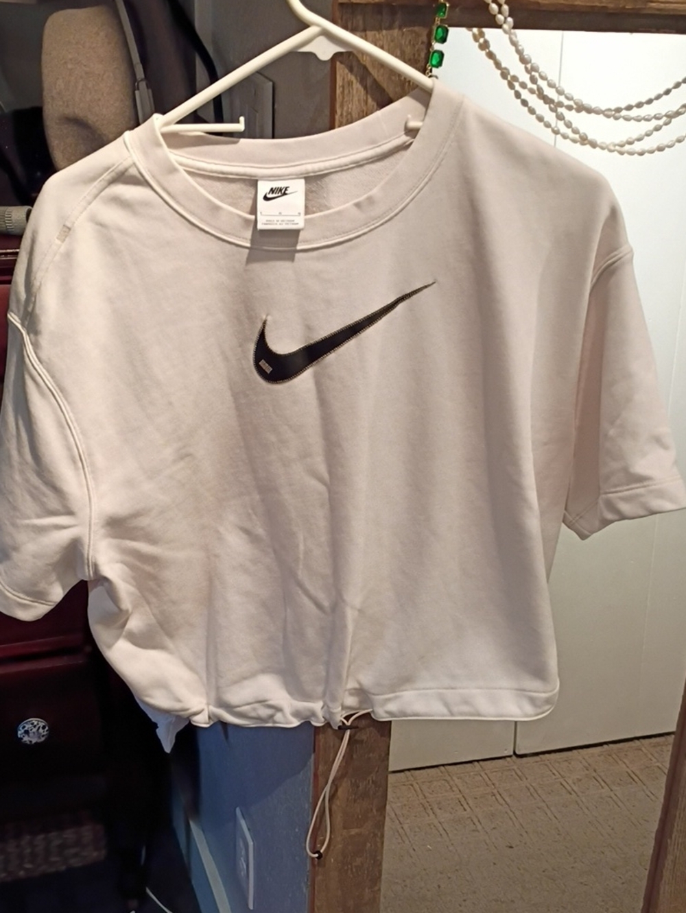Nike Cream Colored Cropped Tee with Black Swoosh And Drawstring Size L